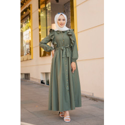 Robe longue boutonnée à froufrou (Tenue pour femme voilée) - Couleur vert Kaki