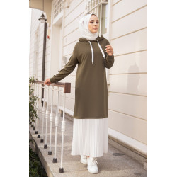 Long pleated hooded dress for women (Modern dressing for hijab) - Kaki and White Color
