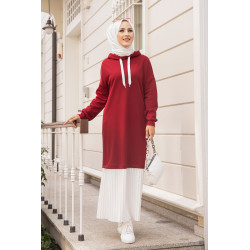 Robe longue à capuche effet plissée pour femme musulmane - Couleur bordeaux et blanc