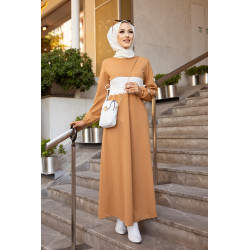 Casual Long Dress (Islamic Fashion 2021 for Veiled Women) - Camel and White Color