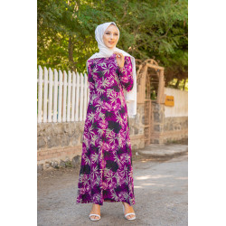 Long floral flared cut dress for women (Muslim Fashion 2021) - Purple color