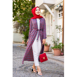 Robe boutonnée Chemise longue écossaise avec ceinture assortie (Vetement style hijab...