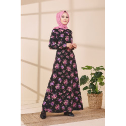 Robe longue à fleurs pour femme - Couleur noir et rose