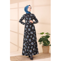 Robe longue à fleurs (Robes pour hijab) - Couleur noir et bleu