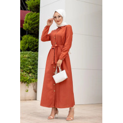 Cutoned dress with a waist belt with female (city style dressed in hijab) - Brick