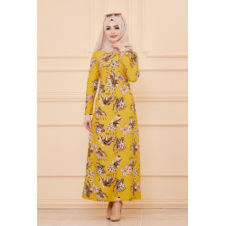 Robe évasée en crêpe motif fleurs pour femme - Couleur moutarde