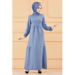 Robe longue perlée chic et classe (Vêtement hijab habillé pour femme) - Couleur bleu...