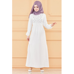 Long Evening Dress Beaded & Classroom (Wearing Hijab for Women) - White Color