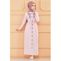 Robe longue boutonnée avec broderies et ceinture assortie (Vêtements Modest Fashion...