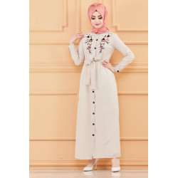Robe longue boutonnée avec broderies et ceinture assortie - Rayures Couleur beige