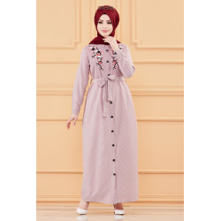 Robe longue boutonnée avec broderies et ceinture assortie (Vêtement Modest Fashion pour...