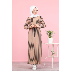 Max dress-long with black stripes integrated seatbelt (veiled woman) - Beige color