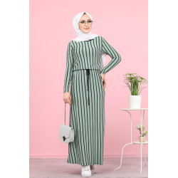 Robe longue à rayures décontractée ceinture intégrée (Boutique Vêtement Hijab) -...