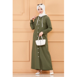 Robe-manteau boutonnée avec grandes poches et capuche (Vêtement mastour pour hijab) -...