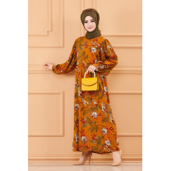 Robe longue motif fleurs ample pour femme (Vêtements hijab mastour) - Couleur tabac