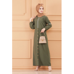 Robe longue brodée pour femme musulmane (Tenue Hijab classique) - Couleur kaki