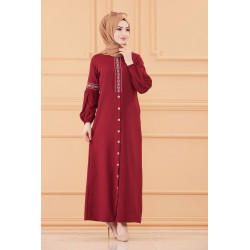 Robe longue brodée pour femme musulmane (Tenue Hijab classique) - Couleur bordeaux
