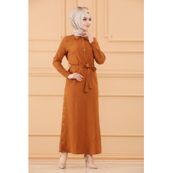 Robe longue boutonnée avec ceinture pour femmes (Vêtements style habillé pour hijab) -...