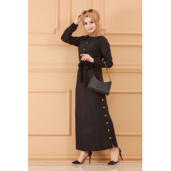 Robe longue chic avec ceinture (Vêtement style habillé pour femme voilée) - Couleur noir