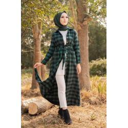 Robe chemise longue à carreaux avec ceinture assortie pour femme - Couleur Vert et noir