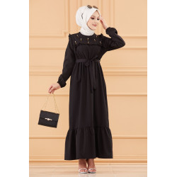 Robe brodée avec motifs fleurs (Vetement classique femme voilée) - Couleur noir