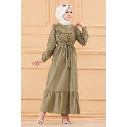 Robe brodée avec ceinture (Vêtement Hijab élégant pour femme voilée) - Couleur kaki