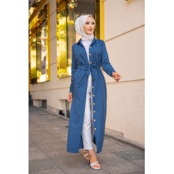Robe boutonnée avec ceinture assortie pour femme (Tenue de ville chic pour hijab) -...