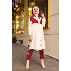Veste longue bicolore à capuche (Mode Musulmane) - Couleur blanc et bordeaux
