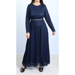 Long flared sequined dress with midnight blue lining and belt