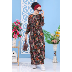 Robe longue noire à fleurs et motifs cachemire