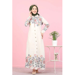 Robe-Chemise longue à fleurs pour femme (Vetement Hijab France) - Couleur écru