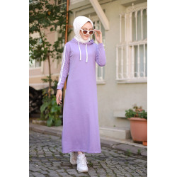 Cotton long hooded sweatshirt dress (Sportswear Modest Fashion) - Lilac color