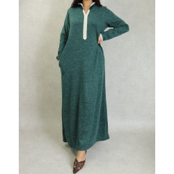 Djellaba tissu épais effet chiné pour femme avec dentelle et capuche - Couleur Vert chiné