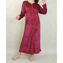 Long Arabic dress in patterned velvet with white embroidery for women - Color Bordeaux