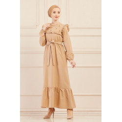 Robe brodée pour femme (Tenue élégante pour hijab) - Couleur beige