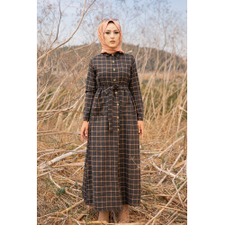 Robe chemise longue boutonnée à carreaux - Saison Automne-Hiver (Modest Fashion) -...