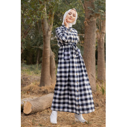 Robe chemise longue boutonnée à carreau avec ceinture (Robes Hijab saison...
