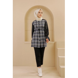 Tunique à carreaux et skaï pour femme (Vêtement Hijab - Collection) - Couleur bleu écru