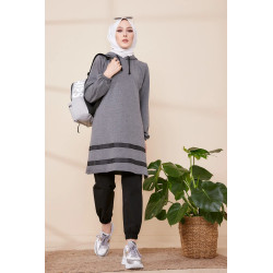Tunique à capuche et bandes noires pour femme (Mode islamique) - Couleur gris chiné