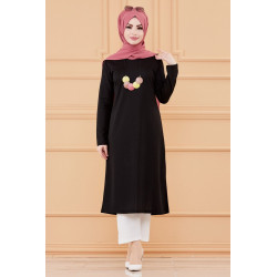 Long tunic with necklace offered (Hijab Woman-Muslim Mode 2022) - Black Colour