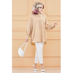 Chemise-Tunique fendue habillée pour femme (Style vestimentaire hijab) - Couleur beige