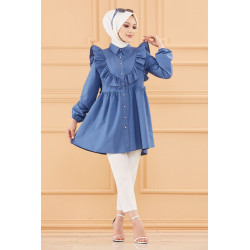 Tunique chemise habillée pour femme (Vêtement Hijab Mode) - Couleur bleu indigo