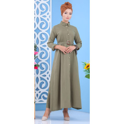 Long buttoned dress with belt - Khaki color
