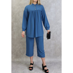Casual chic set for women - Two pieces (tunic and pants) - Blue color
