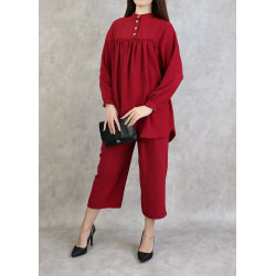 Casual chic set for women - Two pieces (tunic and pants) - Raspberry color