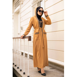 Ensemble robe et Kimono à capuche (Vêtement musulman & mode islamique) - Couleur biscuit