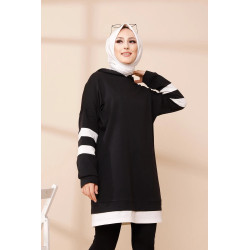Tunique décontractée avec capuche (Vetement hijab) - Couleur noir avec bandes blanches