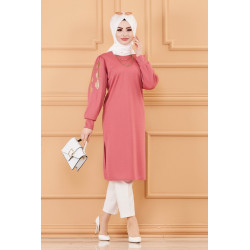Tunique longue avec dorure (Vêtement femme voilée chic) - Couleur rose
