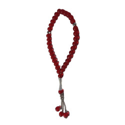 Chapelet (Subha) de luxe à 33 perles de couleur Rouge fumé avec parties argentées