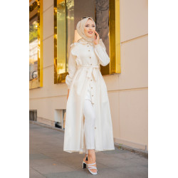 Robe longue boutonnée à froufrou (Tenue Hijab Turque pour femme voilée) - Couleur Crème